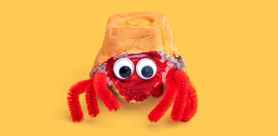 Hermit crab craft made from pipe cleaners against yellow background