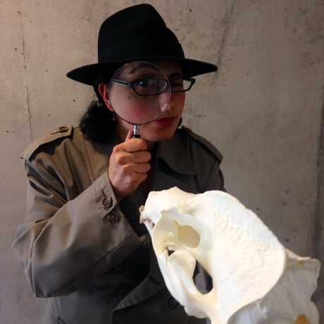 Detective character holding a skull and magnifying glass