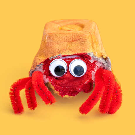 Hermit crab craft made from pipe cleaners against yellow background
