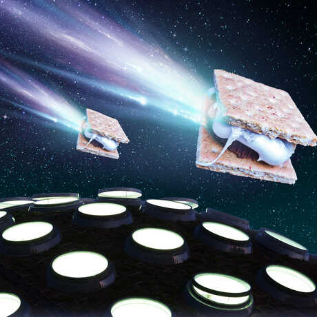 Fanciful photo illustration of s'mores flying through the night sky over the Academy