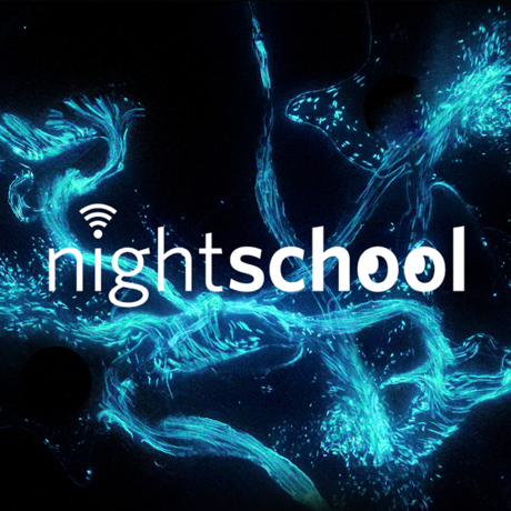 Bright blue bioluminescent organisms swirl in a wavy pattern behind a white NightSchool logo.