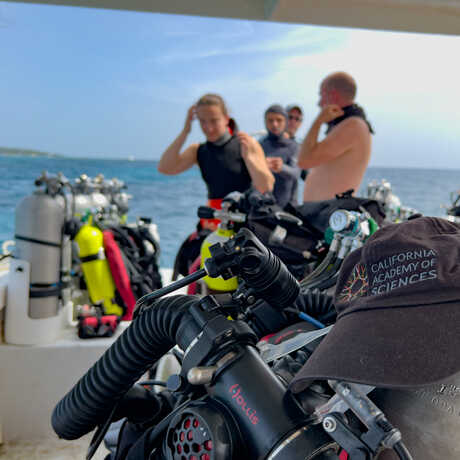 Academy divers on boat preparing to dive Roatán, with dive equipment in foreground