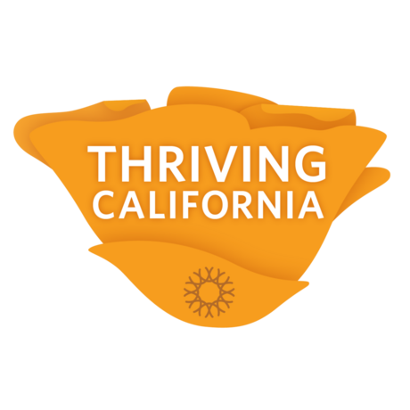 Thriving California wordmark with orange poppy blossom