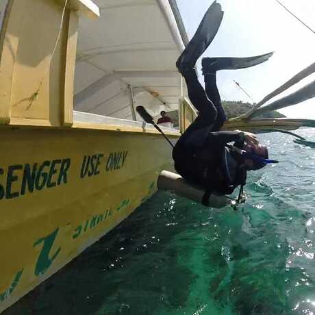 Scientific diver rolling into the water
