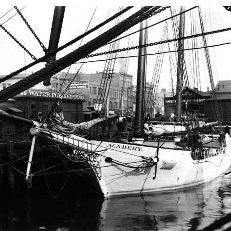 "The Academy" expedition vessel tied up at dock, circa 1905