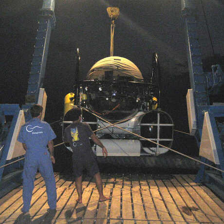 Sub used by Gary Williams on board a research vessel at night off Cocos Island.