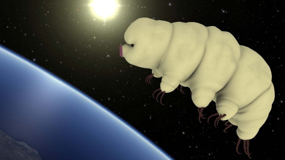 Artist rendering of giant tardigrade floating in Earth orbit